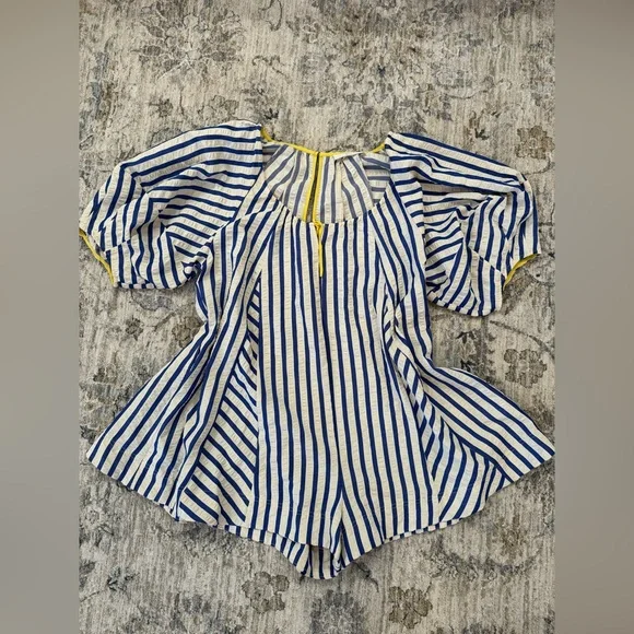 Klesis Blue and White Striped Romper with Yellow Trim - Picture 2 of 4